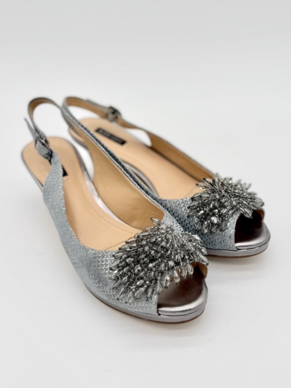 Alex Marie Marla Blue Silver Beaded Peep Toe Slingback Pumps Womens 7.5M Leather